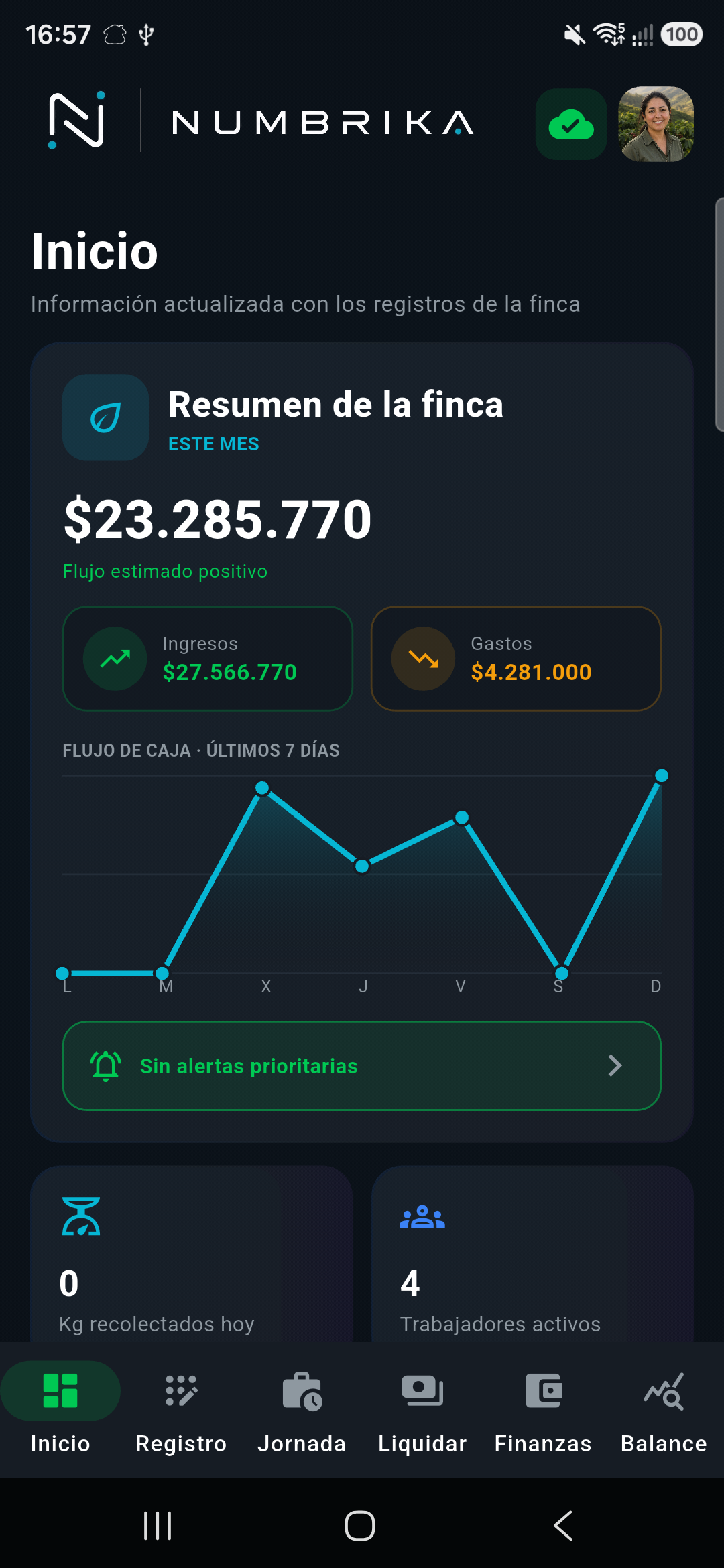 Pantalla real de inicio de Numbrika para Finca La Esperanza